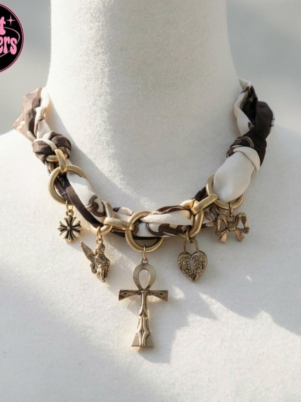 Y2K 2000s style Brown + white scarf necklace with gold charms